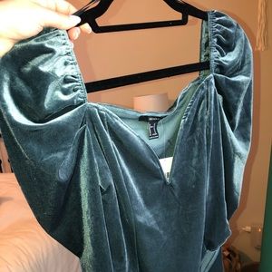 Teal blue puff sleeve low v velvet bodysuit top